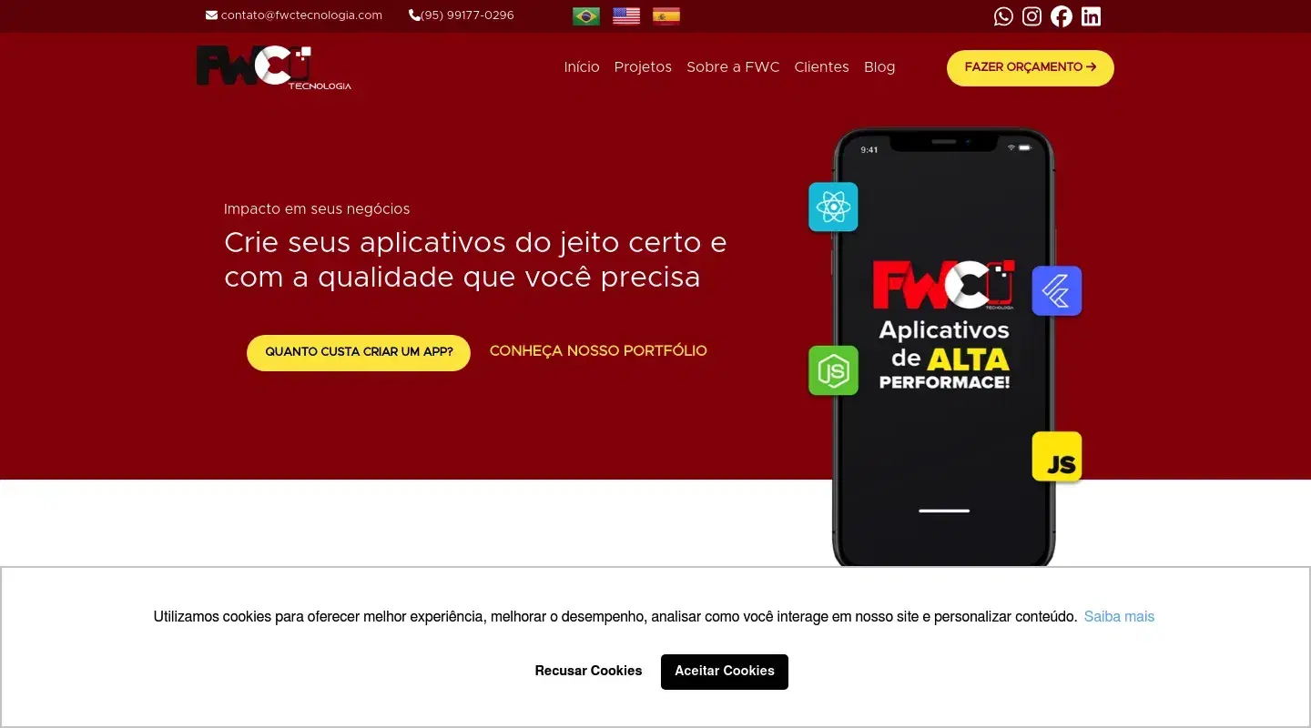 Screenshot da página inicial do site da Software House "FWC Tecnologia"