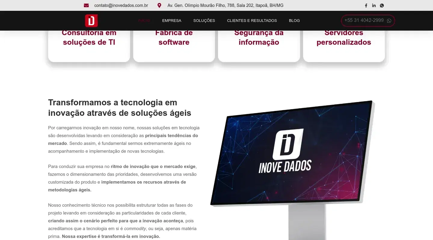 Screenshot da página inicial do site da Software House "Inove Dados"