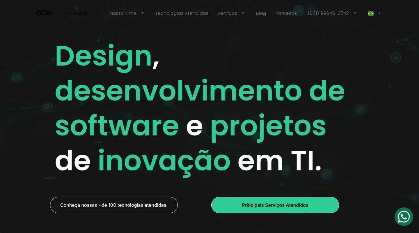 Screenshot da página inicial do site da Software House "OT3N Brasil Tecnologia e Inovação"