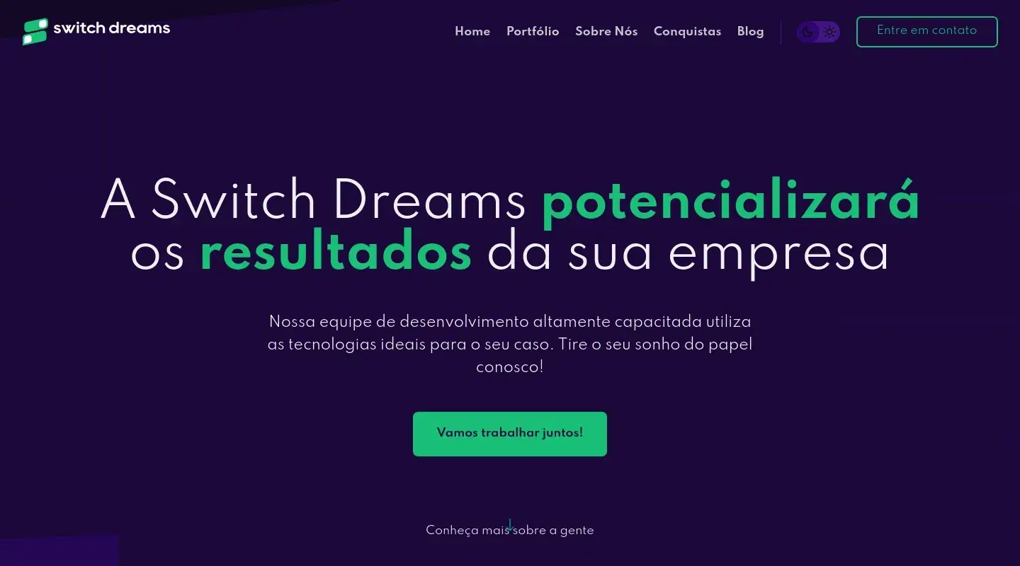 Screenshot da página inicial do site da Software House "Switch Dreams"