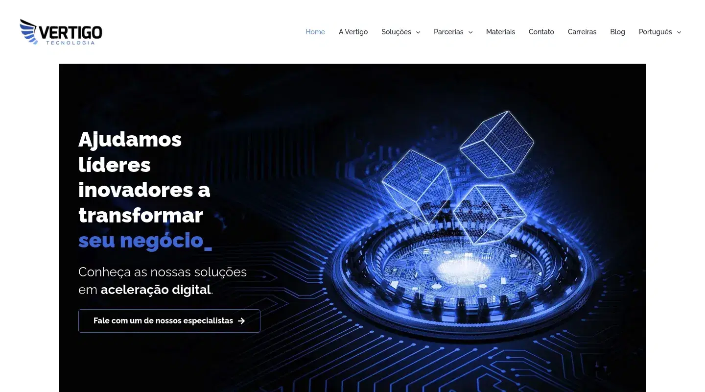 Screenshot da página inicial do site da Software House "Vertigo Tecnologia"