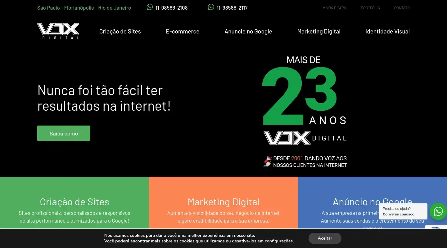 Screenshot da página inicial do site da Software House "Vox digital"